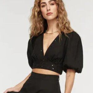 Tigerlily Joella Anaise Blouse Embroidered Black Tie Crop Top XS